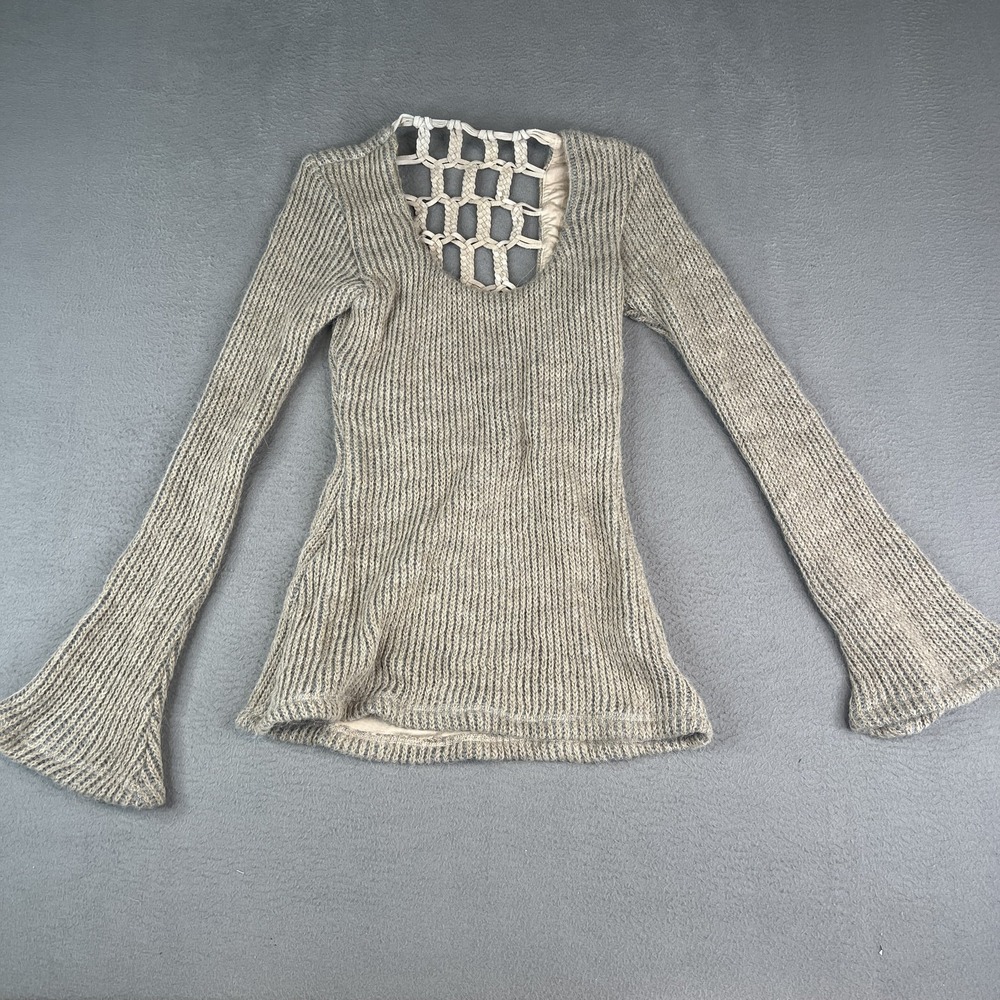 Sky Sweater Womens Small Knit Wool Alpaca Blend Flare Sleeve Macrame Neck USA